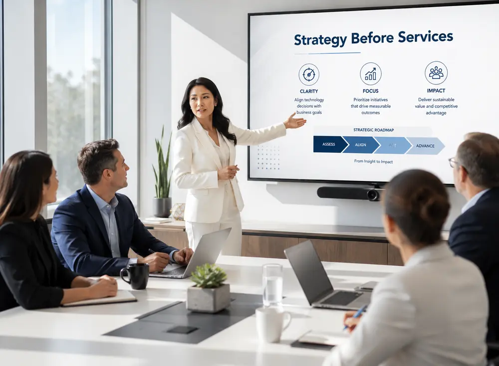 Strategy discussion with decision roadmap on screen